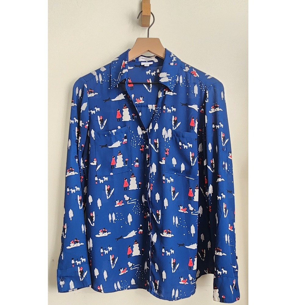 Express Portofino Shirt Womens M Blue Winter Snowman Ski Print Holiday Christmas